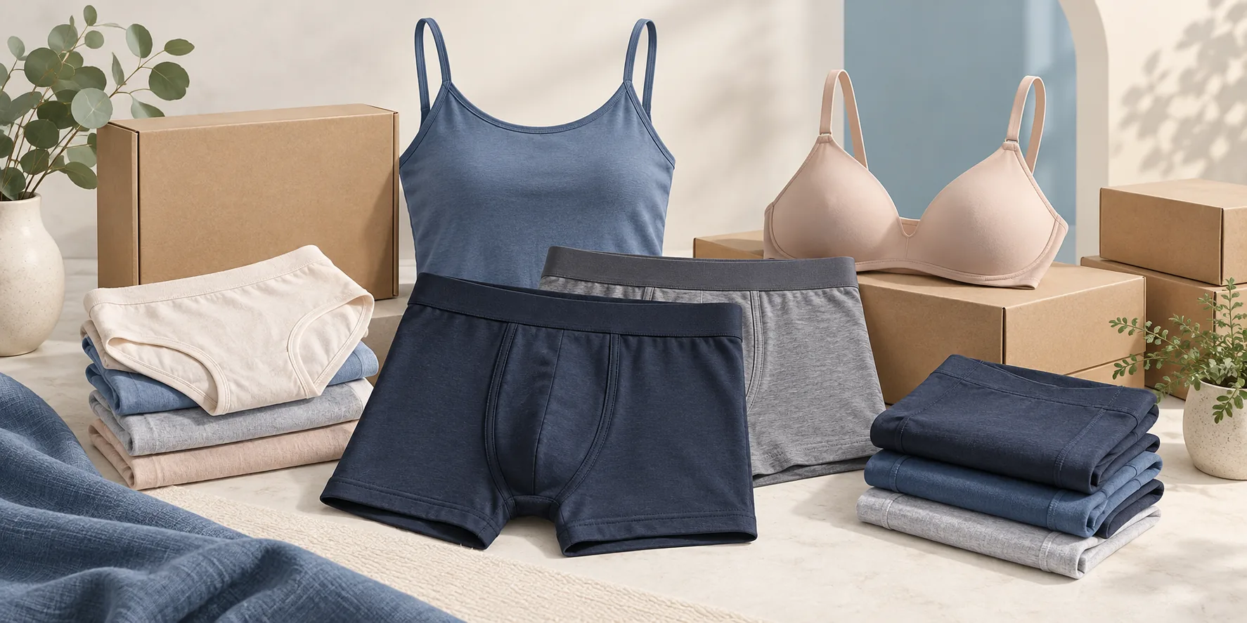 Ilustrasi bra, celana dalam, boxer, dan camisole di atas kotak kemasan